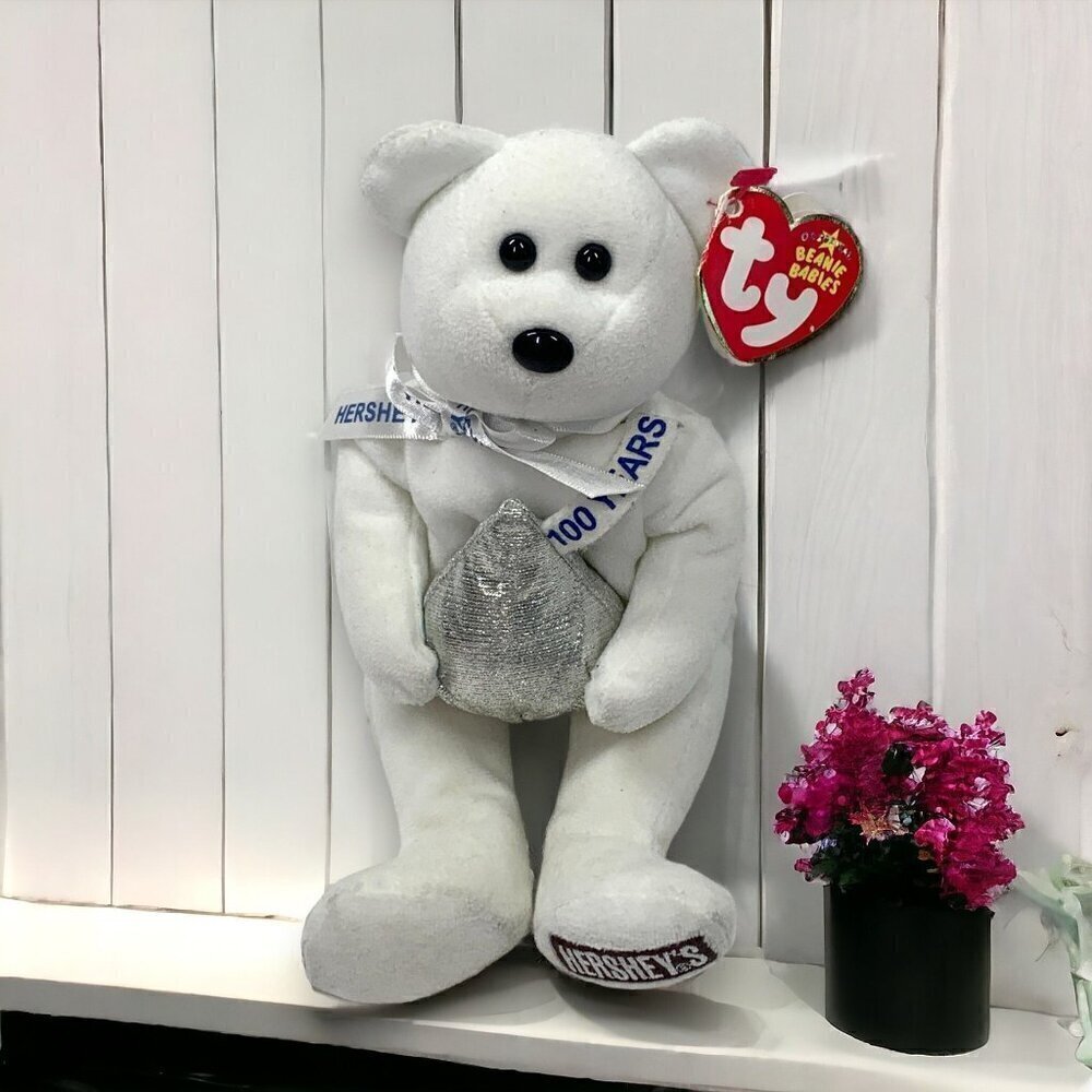 TY Beanie Babies Hugsy The Hershey's Kisses Bear White & Silver 8" 2007 w/Tags
